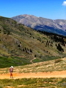 Wager Gulch trailhead, looking down towards Carson town site from the saddle.