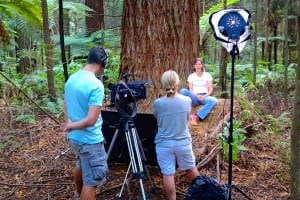 Meghan Arbogast getting media time before the 2014 Tarawera Ultramarathon