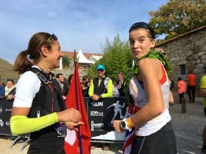 Ellie Greenwood and Jasmin Nunige at the 2015 Les Templiers finish