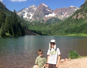 Axel (left) and Calvin wait for their dad Andrew at Maroon Lake (Natalie Hamilton)