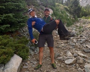 Kyle Knutson jokingly carries Andrew below the 3,000-foot line on a 14er on Day 3. Photo: Natalie Hamilton