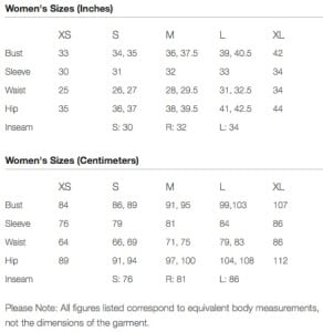 Mountain Hardwear Women's Apparel Size Chart