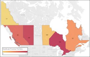 Heat map showing the distribution of ultramarathons in Canada.
