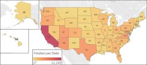 Heat map showing the distribution of ultramarathon finishers in the U.S.