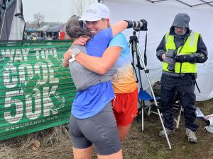 Leah Yingling hugs Katherine Short - 2023 Way Too Cool 50k