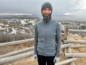 Patagonia Airshed Pro Pullover - front view with hood up