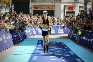 Jim Walmsley - 2023 UTMB champion - wearing mystery Hoka Tecton X shoes