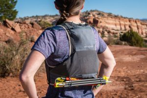 Patagonia Slope Runner Vest - back view with poles