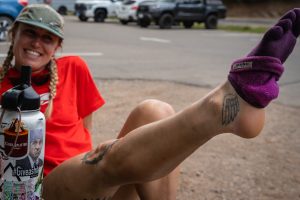 Tara Dower - Altra - 2025 Western States 100 training - wing tattoo on foot