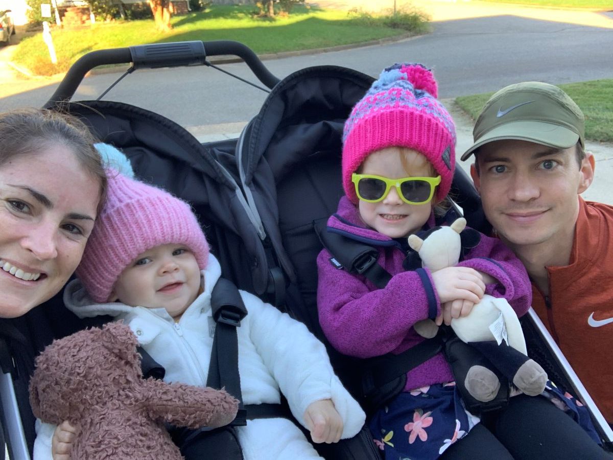 Sabrina Little - with David, Frances and Lucy - running stroller