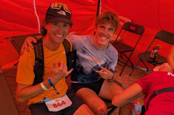 Majell Backhausen Scott Klingonsmith - 2025 Speedgoat 50k - together in medical tent after