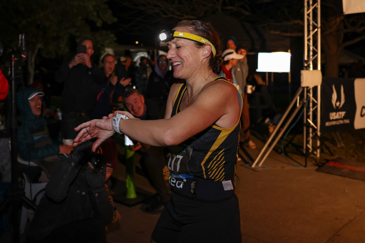 Caitriona Jennings - 2025 Tunnel Hill 100 Mile - women's 100 mile world record - checking watch