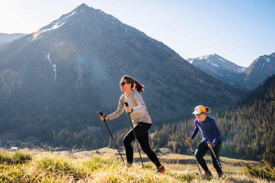 Best Trekking Poles - two runners using trekking poles on grassy climb in mountains