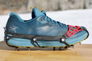 a lateral view of the Kahtoola Microspikes Ghost winter running traction device