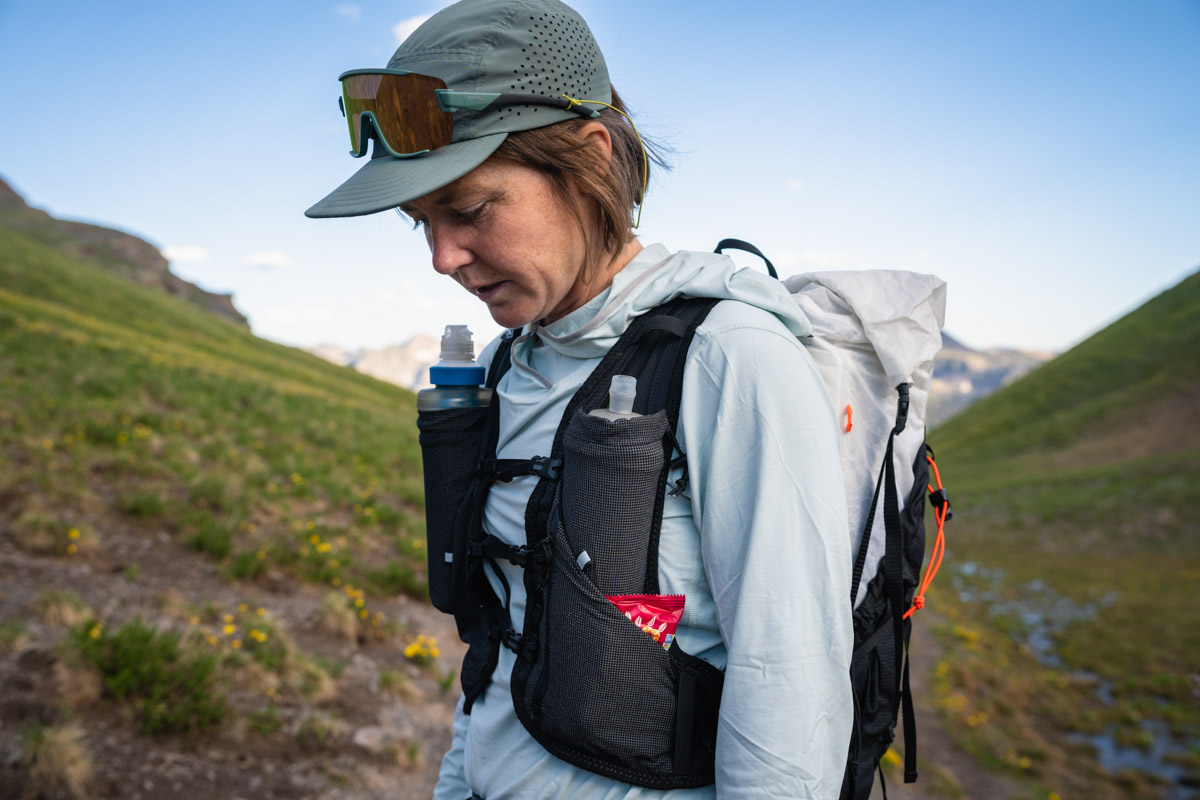 Best Water Filter for Trail Running - runner wearing a running vest with the Katadyn BeFree 0.6L