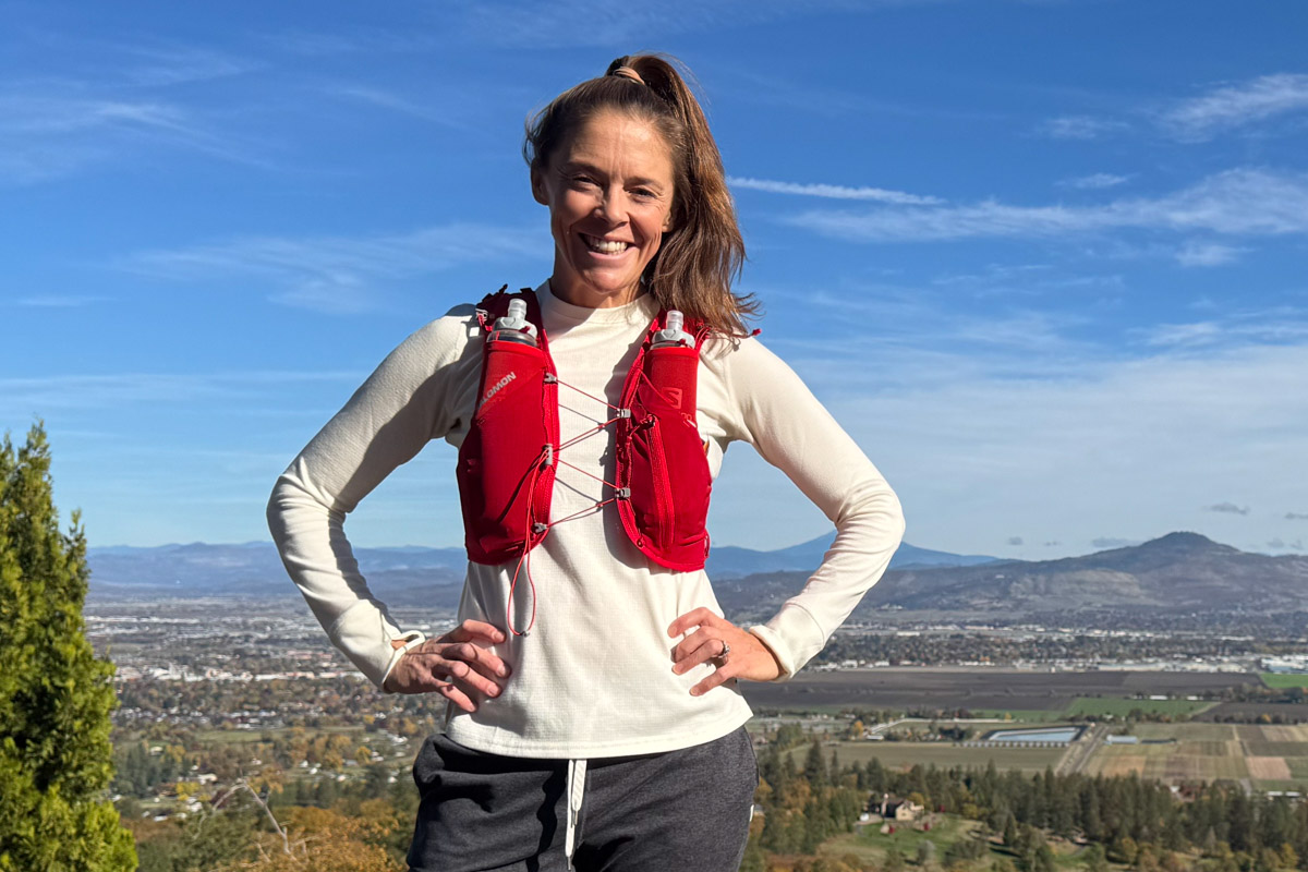 Person outside wearing a hydration pack viewed from front