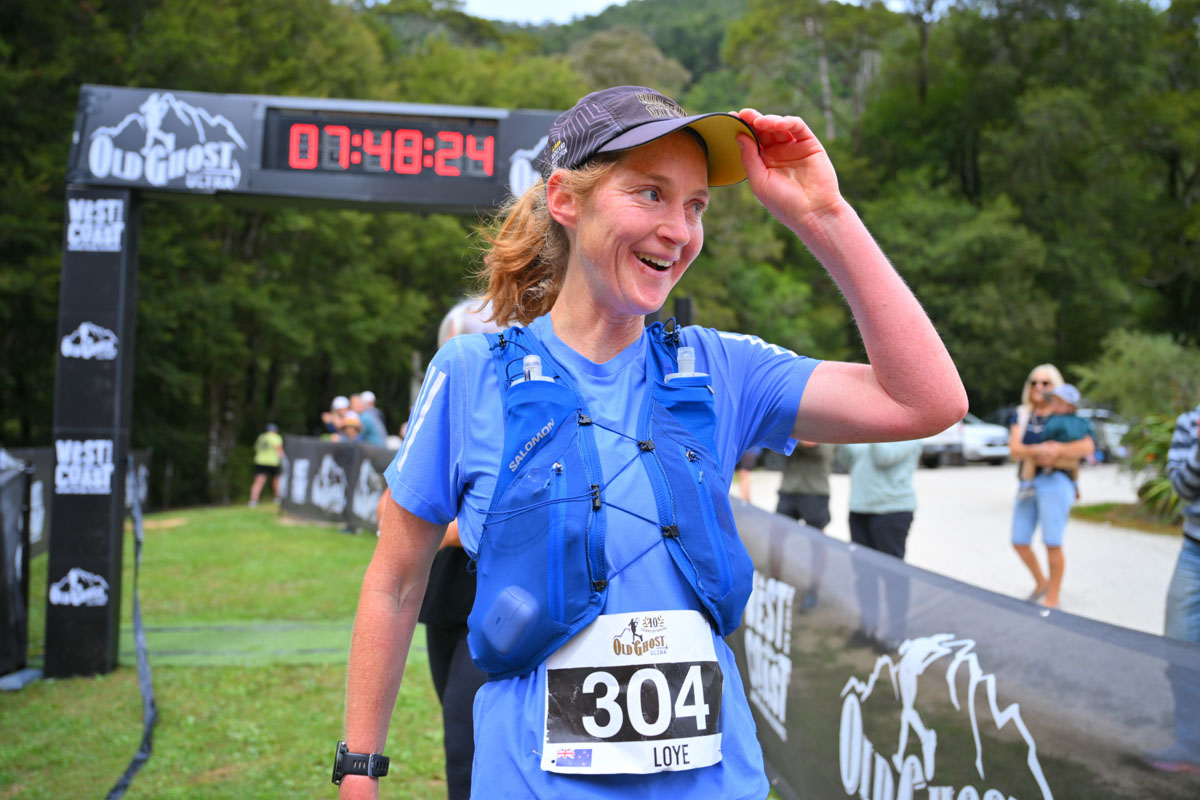 Kate Loye Finish Line - 2026 Old Ghost Road 85k - women's winner