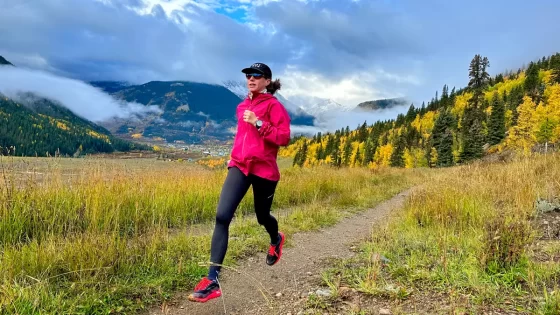 female trail runner testing trail shoes near Silverton Colorado