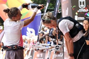 Blandine L'Hirondel - Lucy Bartholomew - 2026 Transvulcania Ultramarathon - finish line celebration