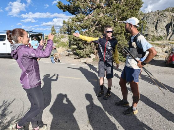 Aurelien Sanchez with his crew and John Kelly - 2026 Pacific Crest Trail FKT - 2