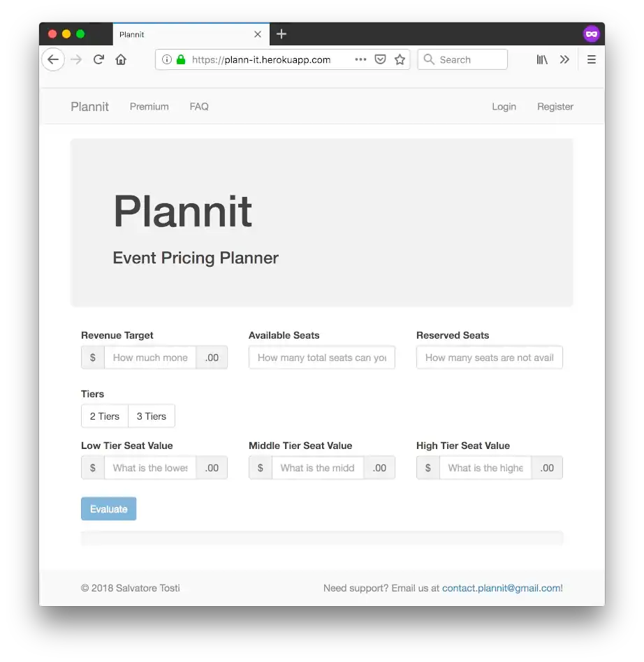 Home page of the Plannit application
