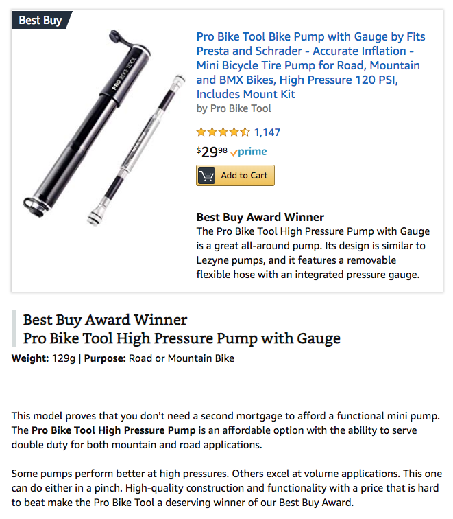  PRO BIKE TOOL Mini Bike Pump Fits Presta and Schrader