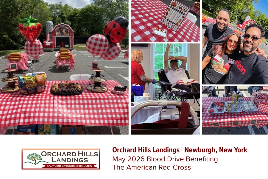American Red Cross | On May 28th, the Orchard Hills Landings team transformed the parking lot into a cookout for a cause: Picnic with a Purpose, a blood drive and resident event benefiting the American Red Cross. A total of 27 residents and team members showed up to donate blood, and even more came out for the day's festivities. The place was decked out in classic red gingham, balloons and even an inflatable barn. The grills were firing and tables were stacked with fresh fruit, snacks and cold drinks. The 