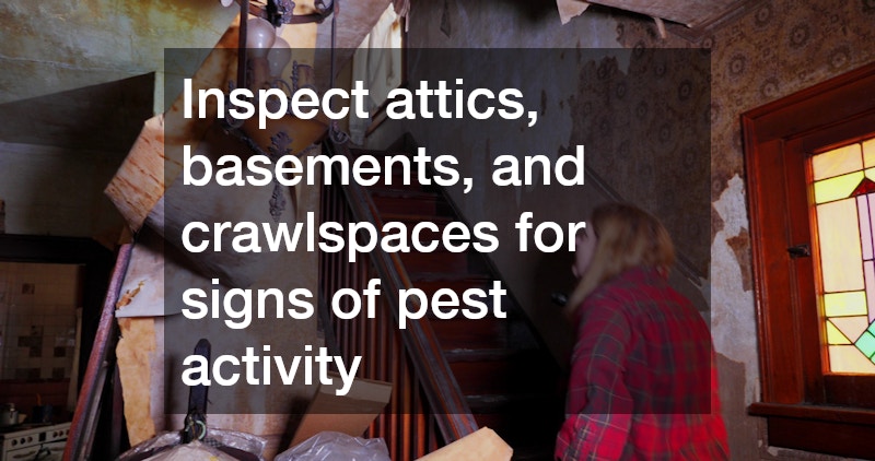 Inspect attics, basements, and crawlspaces for signs of pest activity