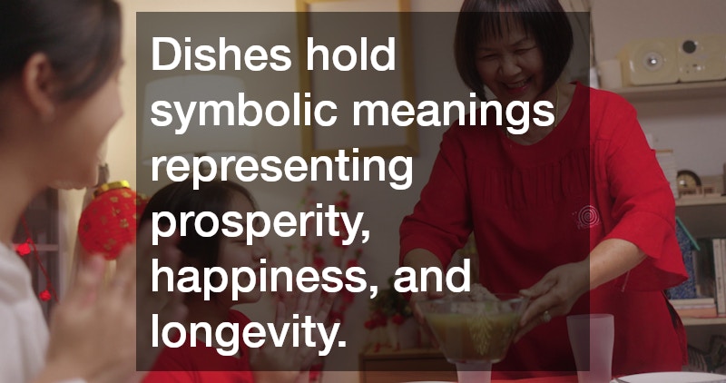 Dishes hold symbolic meanings representing prosperity, happiness, and longevity.