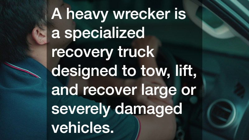 A heavy wrecker is a specialized recovery truck designed to tow, lift, and recover large or severely damaged vehicles.