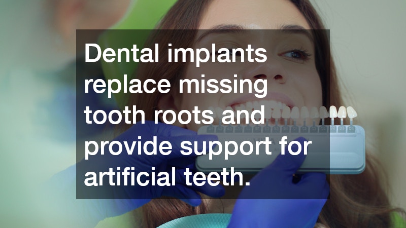 Dental implants replace missing tooth roots and provide support for artificial teeth.