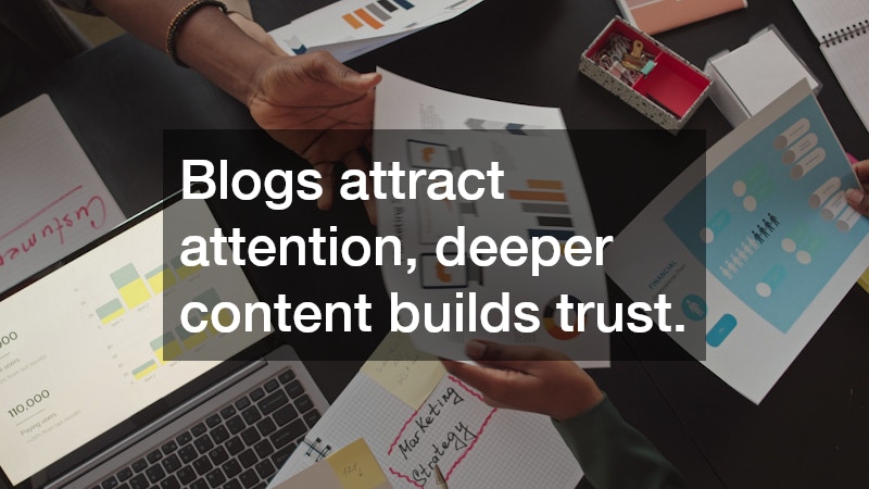 Blogs attract attention, deeper content builds trust.