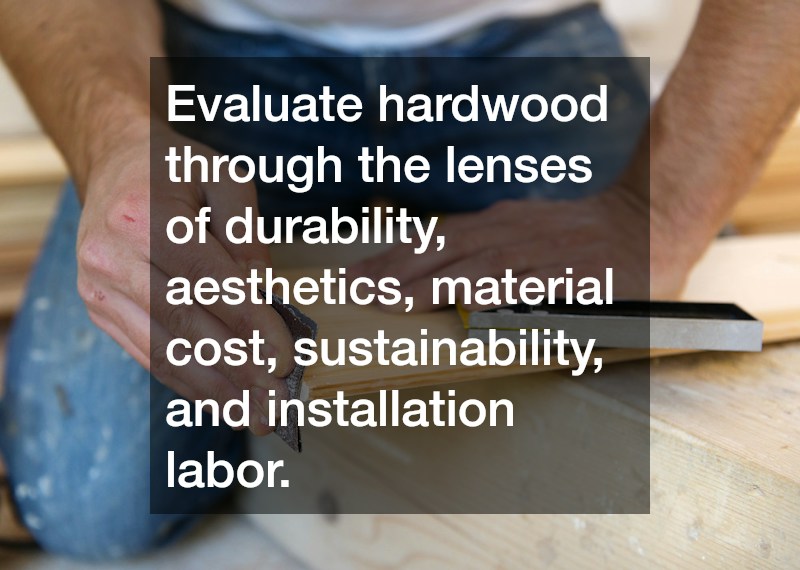Evaluate hardwood through the lenses of durability, aesthetics, material cost, sustainability, and installation labor.
