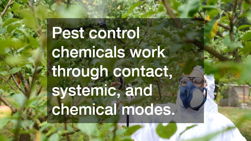 Pest control chemicals work through contact, systemic, and chemical modes.