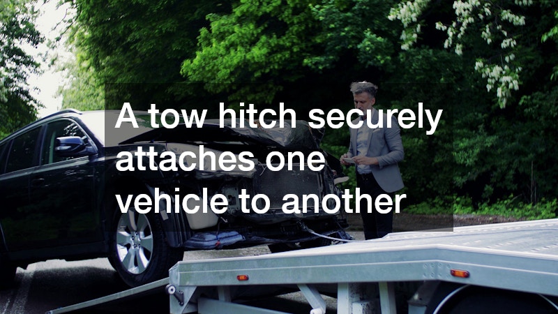 A tow hitch securely attaches one vehicle to another