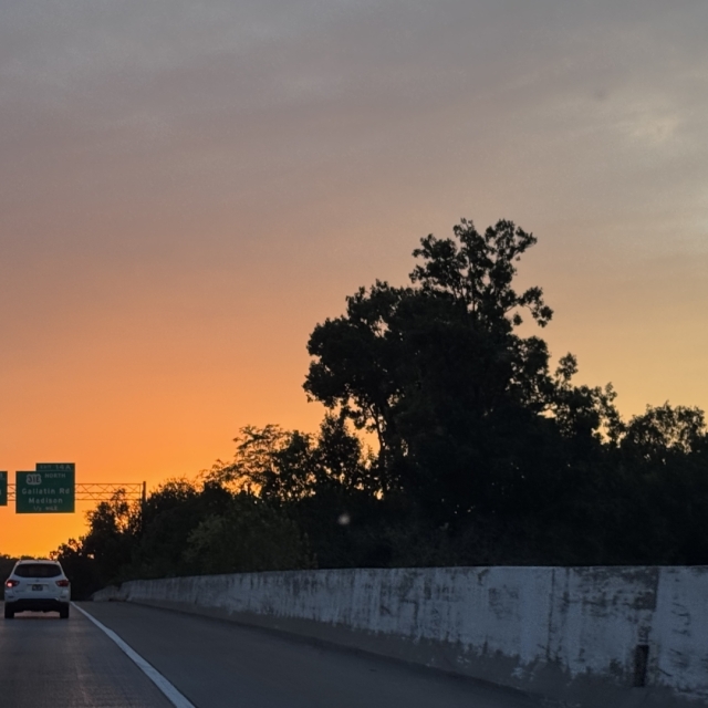Sunset over Briley Parkway in Nashville, Tennessee taken from a car driving in the right lane. The sign above a white car ahead reads Exit 14B South Gallatin Rd 1/4 mile, while another reads Exit 14A - 31E North Gallatin Rd Madison 1/2  The sky is a golden / red color, with trees and a retaining wall filling most of the photo to the right.