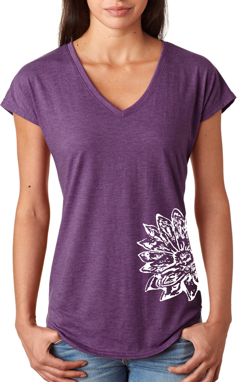 Womens Yoga T-shirt Sketch Lotus Side Print Triblend V-neck