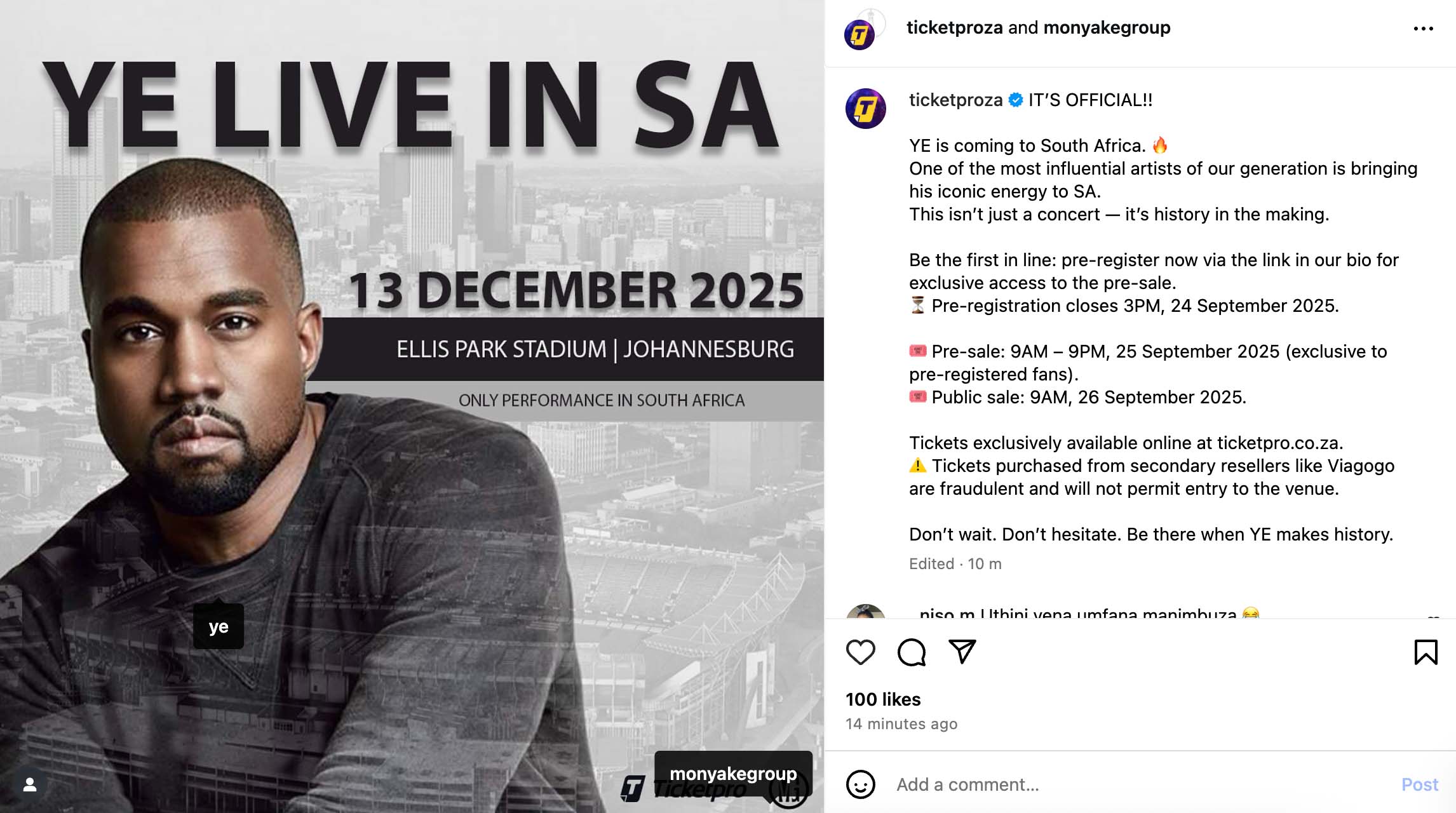 Kanye West in South Africa: 13 December 2025 at Ellis Park