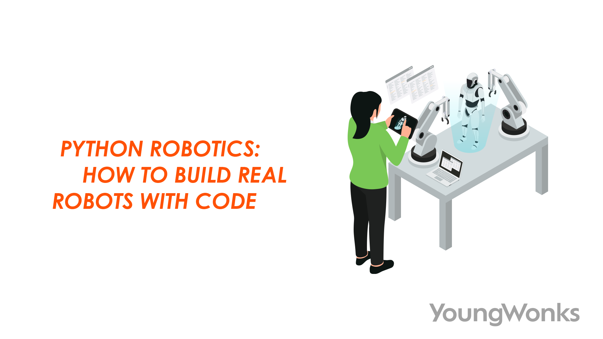 Illustration of a person using a tablet to program humanoid robots and robotic arms, representing Python robotics and robot p