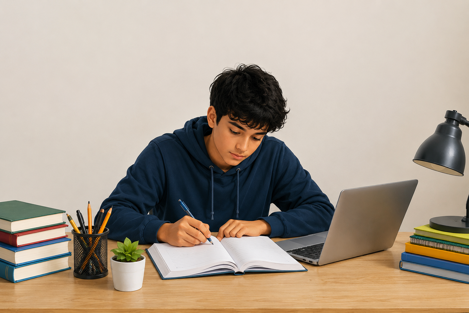A student smiling while studying alongside their laptop