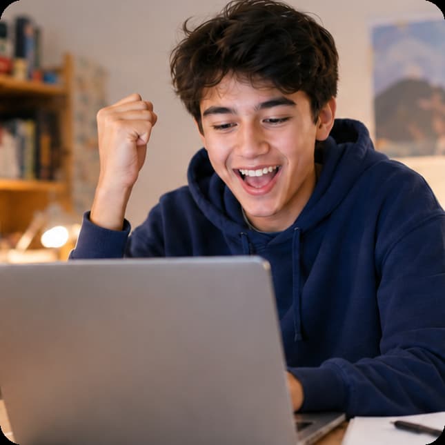 A student cheering while looking at their laptop