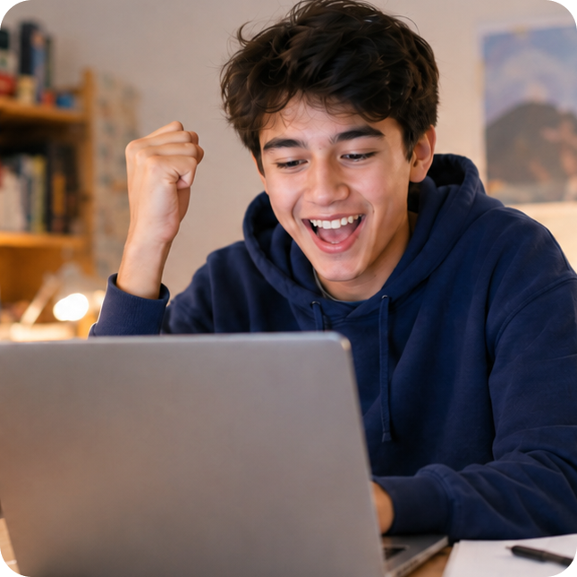 A student cheering while looking at their laptop