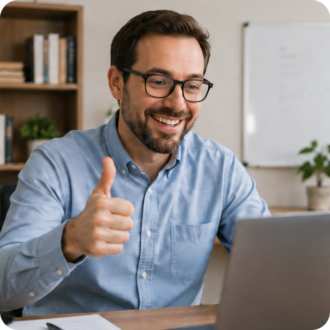 A teacher giving a thumbs-up during an online class
