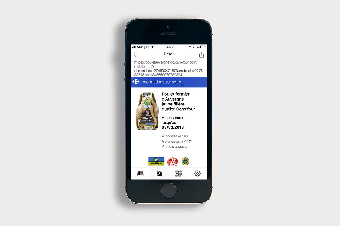 L'application qui permet de lire le QR Code appliqué sur le poulet Carrefour L'application qui permet de lire le QR Code appliqué sur le poulet Carrefour