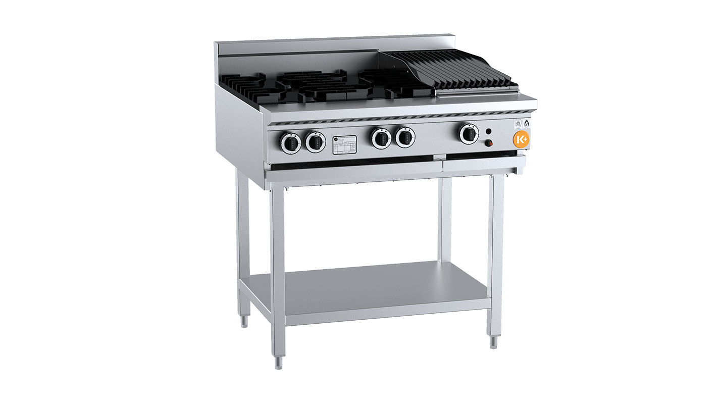 B&S K+ Combination Four Open Burners & 300mm Char Broiler On Stand KBT-SB4-CBR3