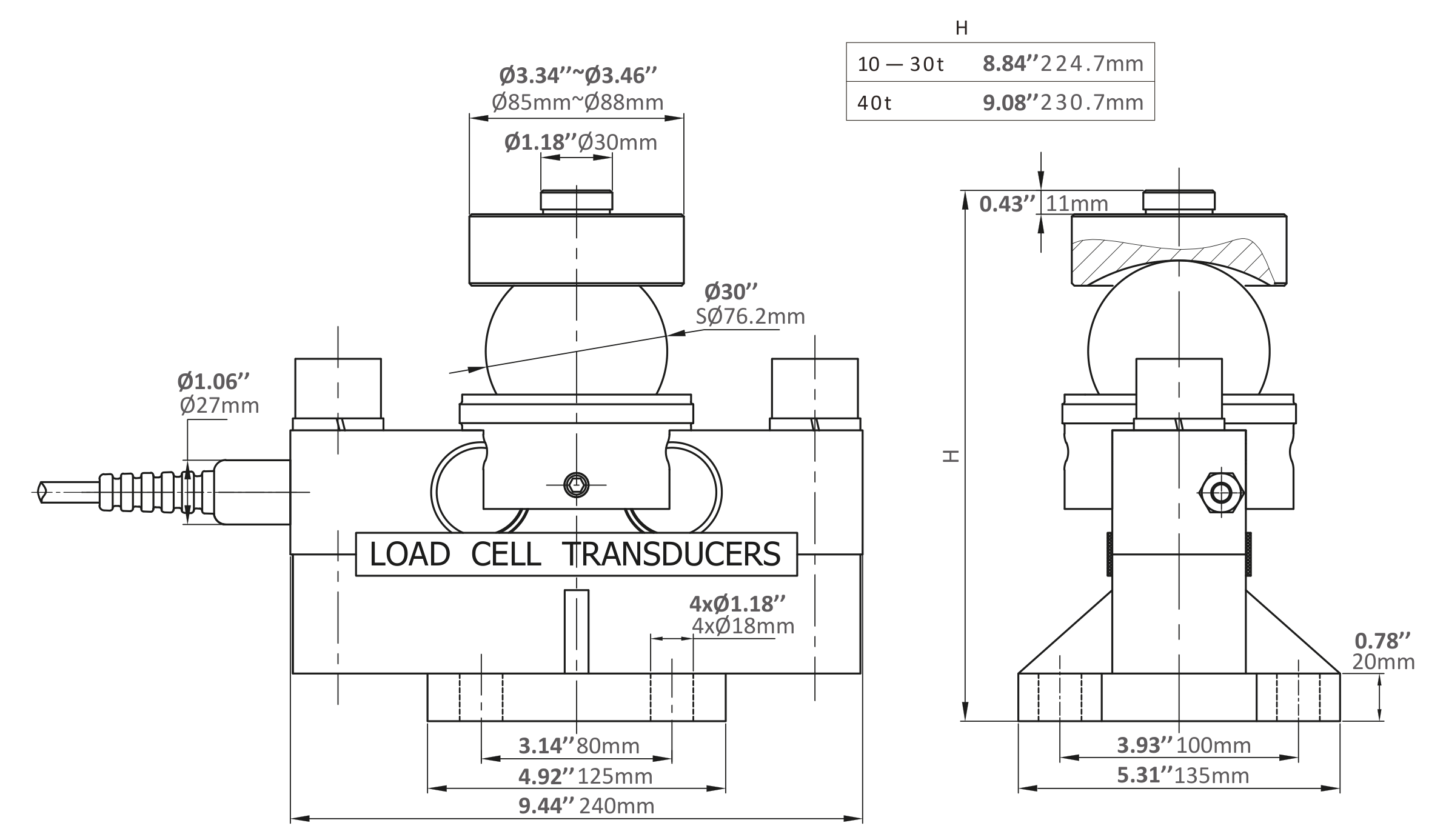 Berman BLCQ double ended beam load cell dimensions drawing (all capacities)