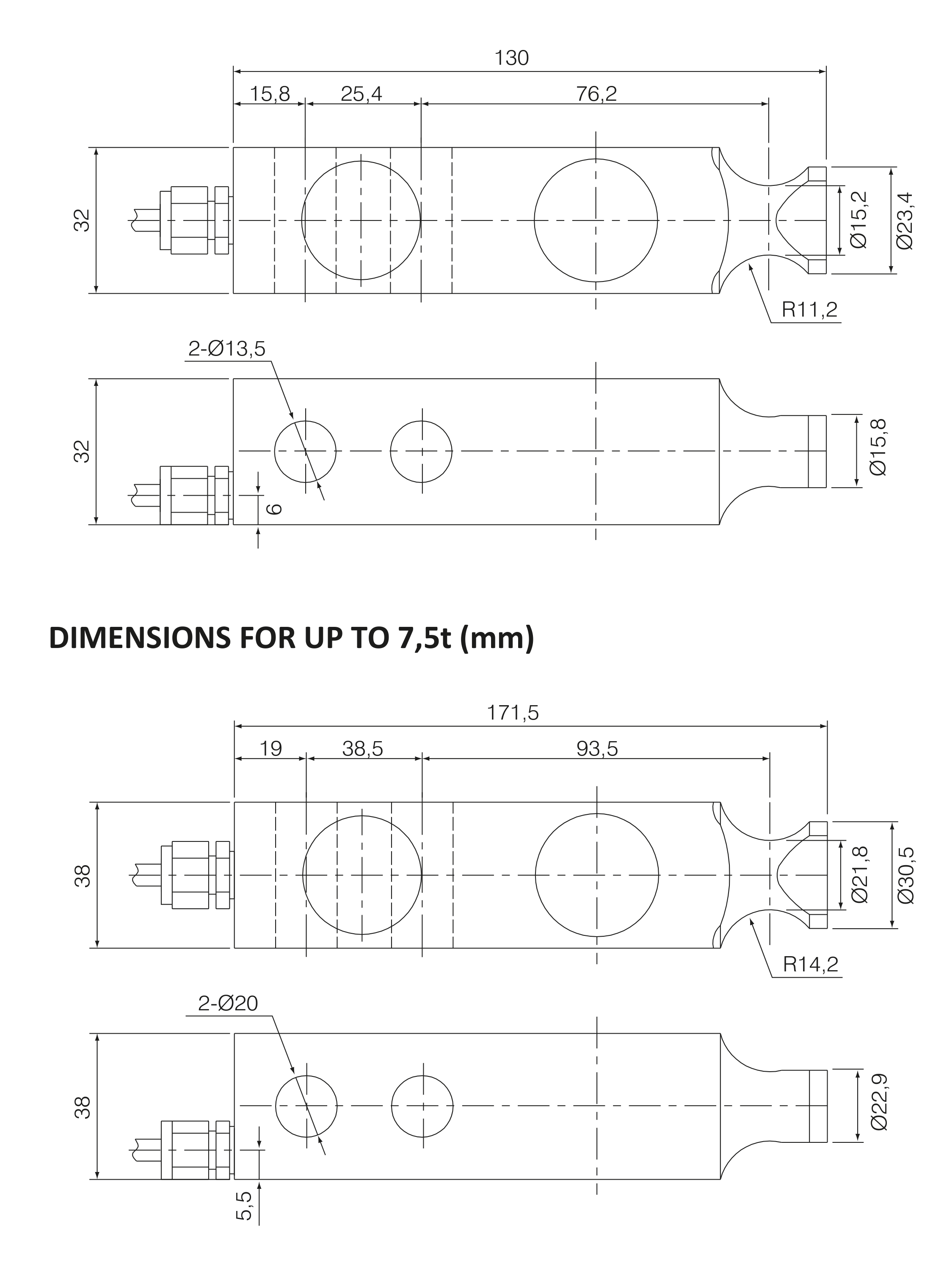 Dibujo de dimensiones de la celda de carga Berman BLX-500kg tipo viga a cortante