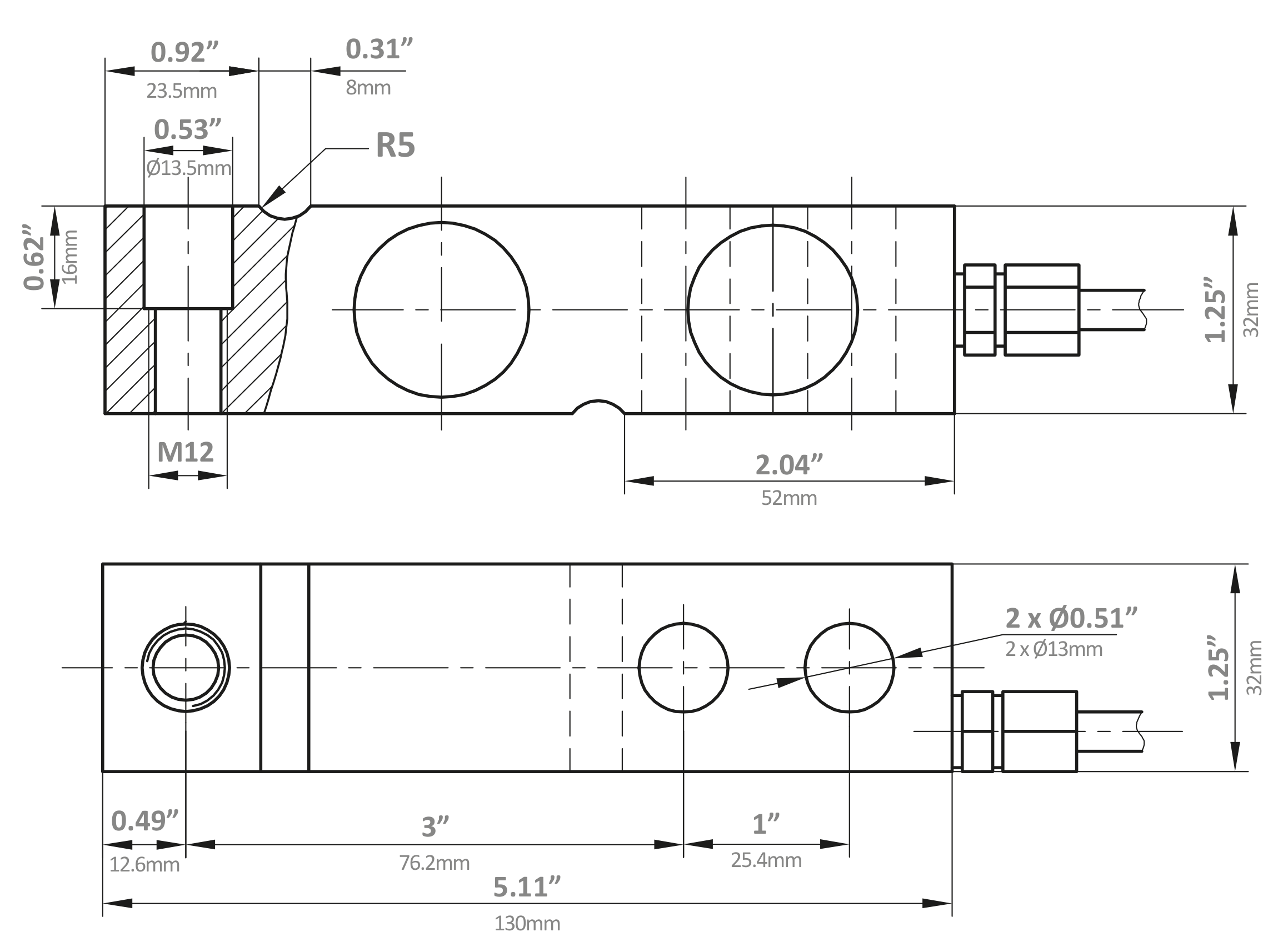 Berman BTBI-2t shear beam load cell dimensions drawing
