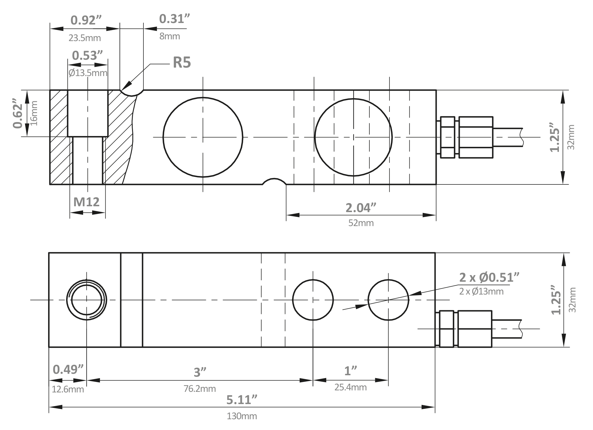 Berman BTBIX-2t 2,000 kg Shear Beam Load Cell dimensions drawing