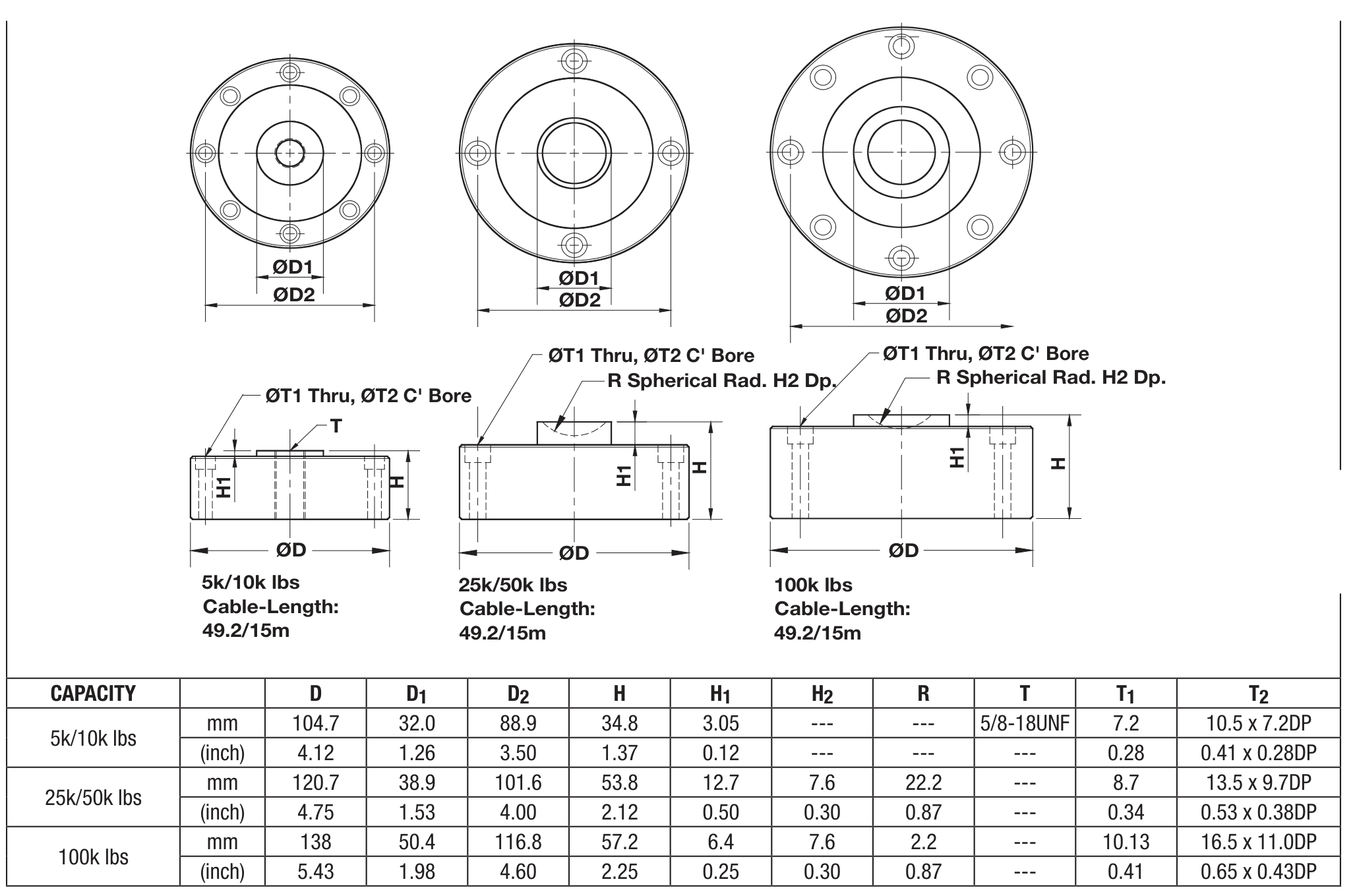 Celtron LCD-100Klb 00LCD-100E-F0-00F Compression Load Cell dimensions drawing